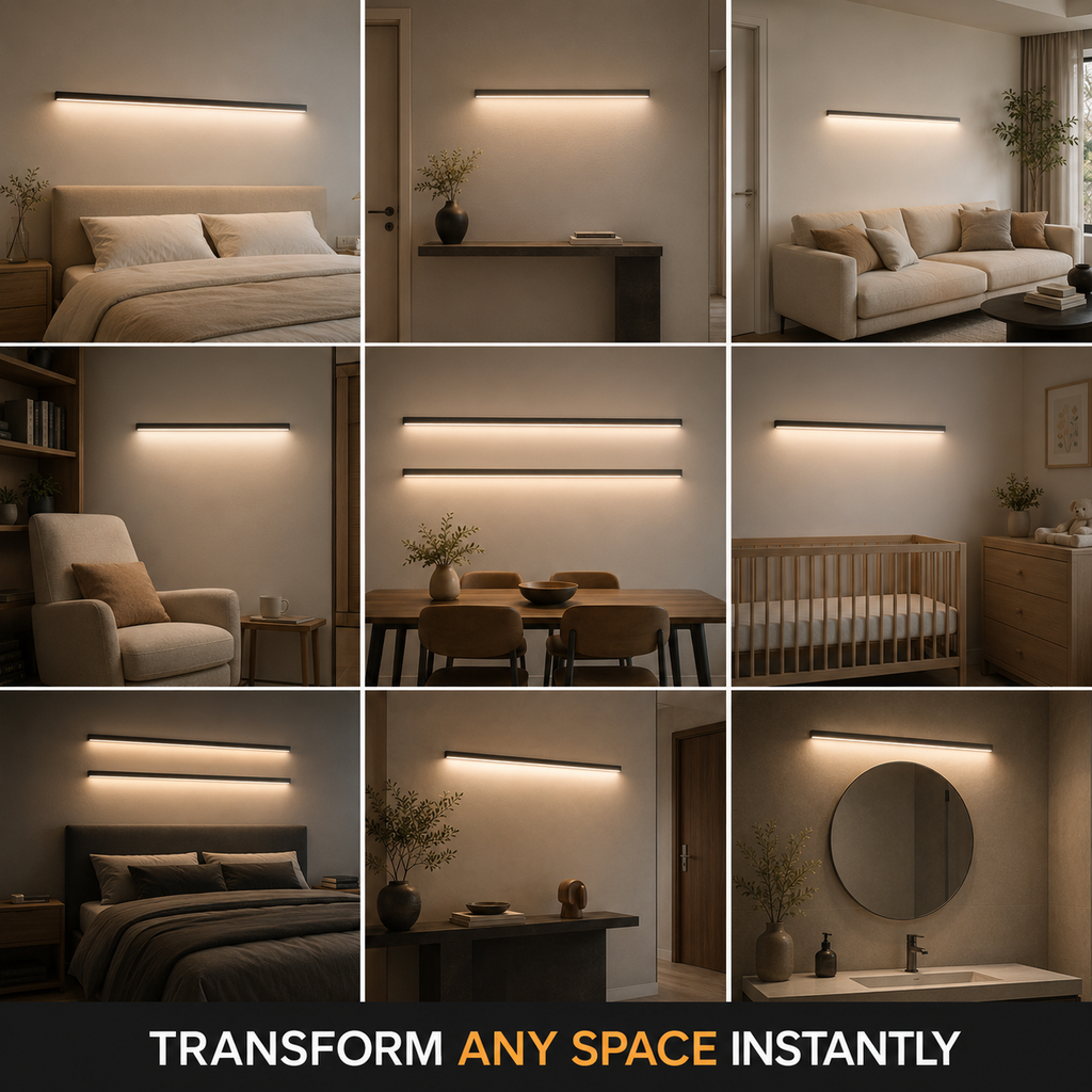 Wall light collage showing the slim fixture installed in multiple indoor spaces.