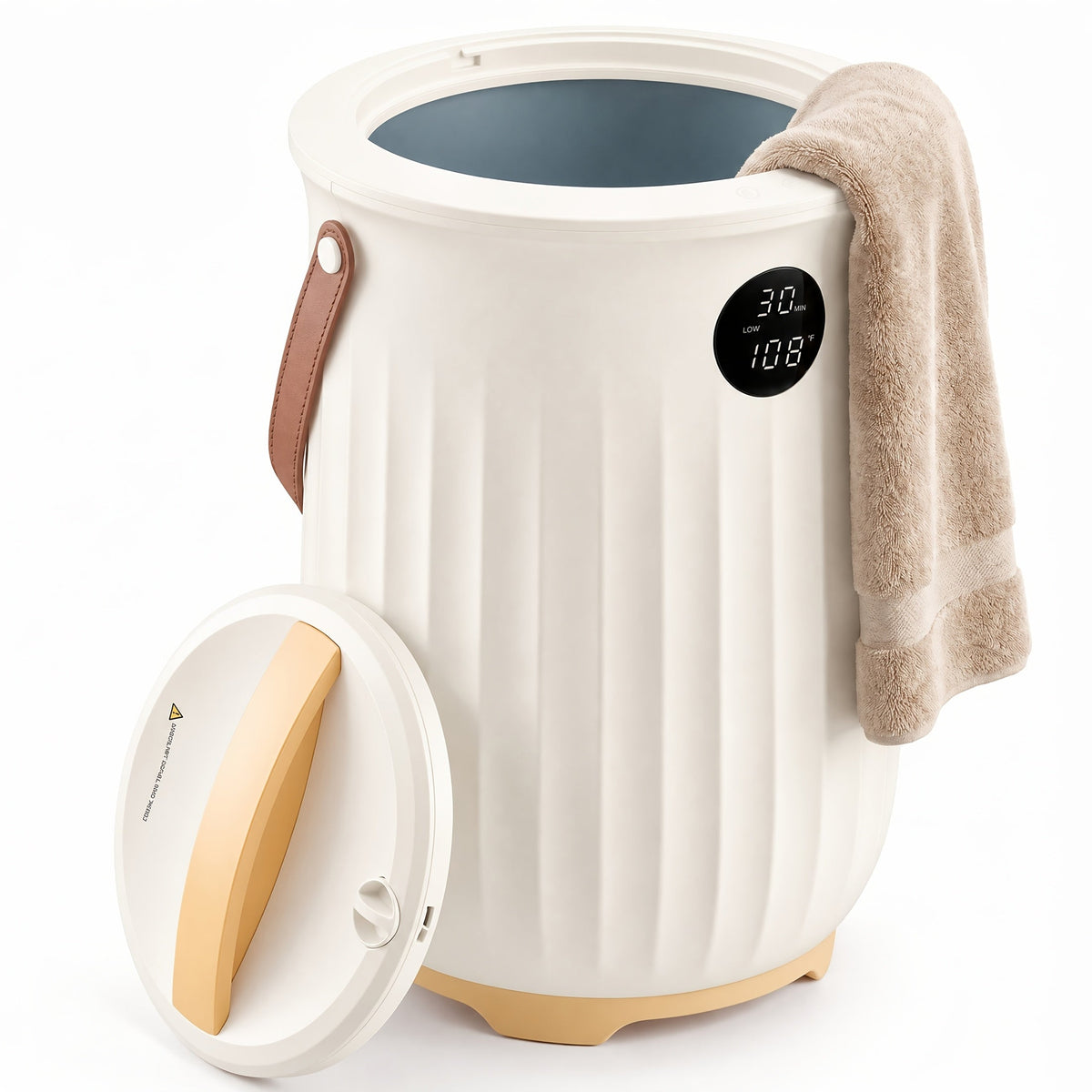 Beige fluted towel warmer bucket with an open lid and a towel over the rim