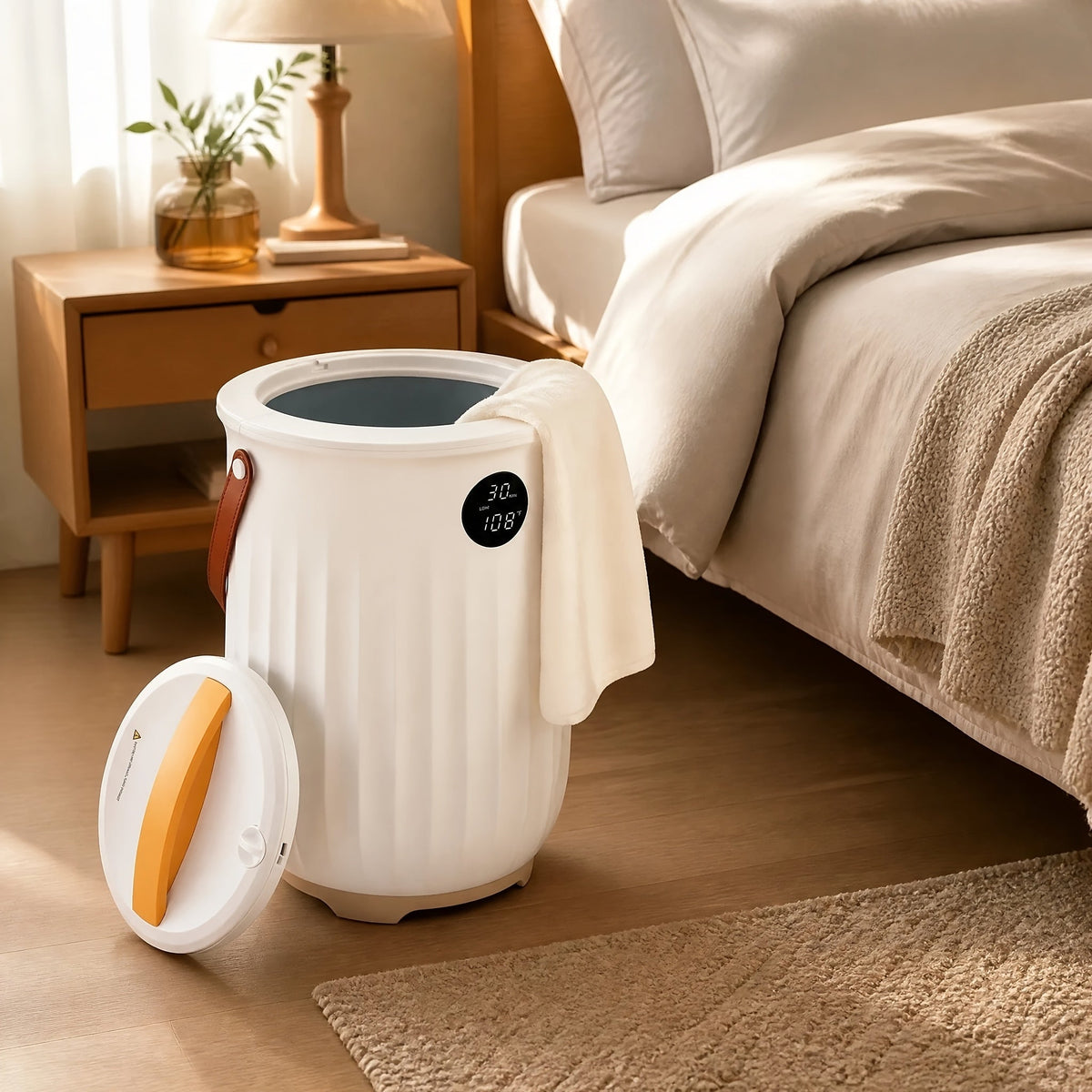 Fluted towel warmer bucket beside a bedroom nightstand