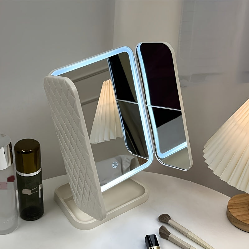 White foldable LED makeup mirror with PU leather cover
