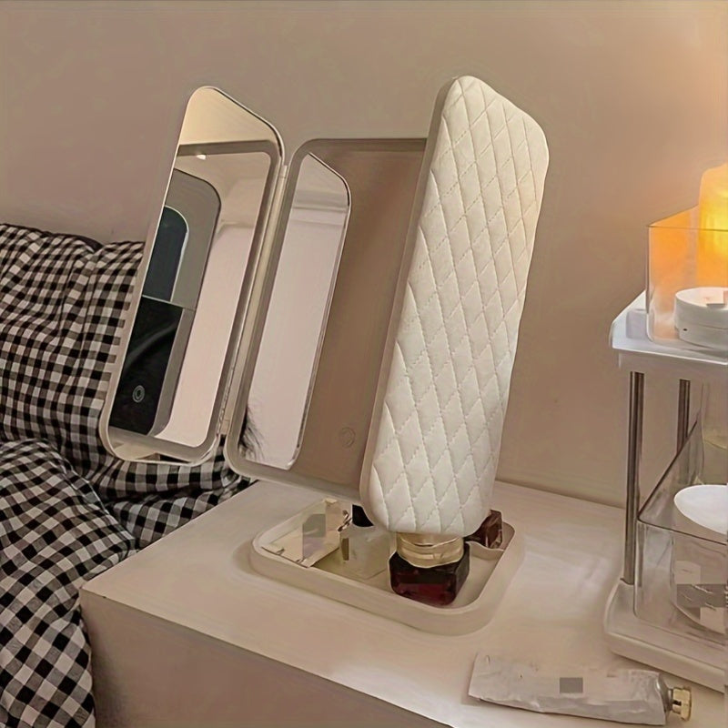 Foldable makeup mirror opened with illuminated white frame