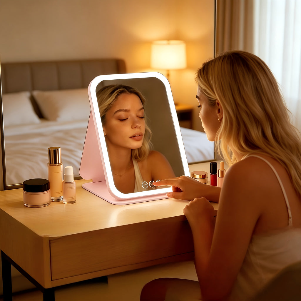 Woman using a pink foldable makeup mirror