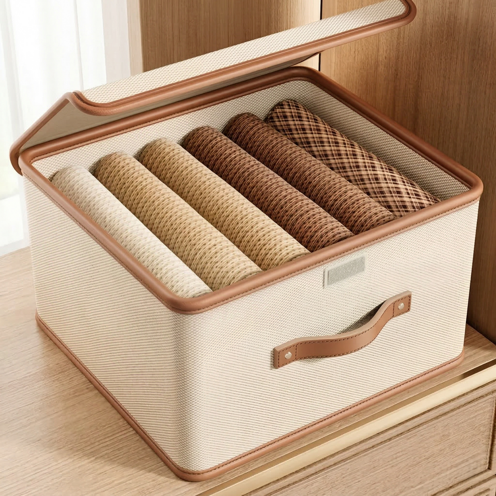 Foldable storage box open with rolled clothing arranged inside.