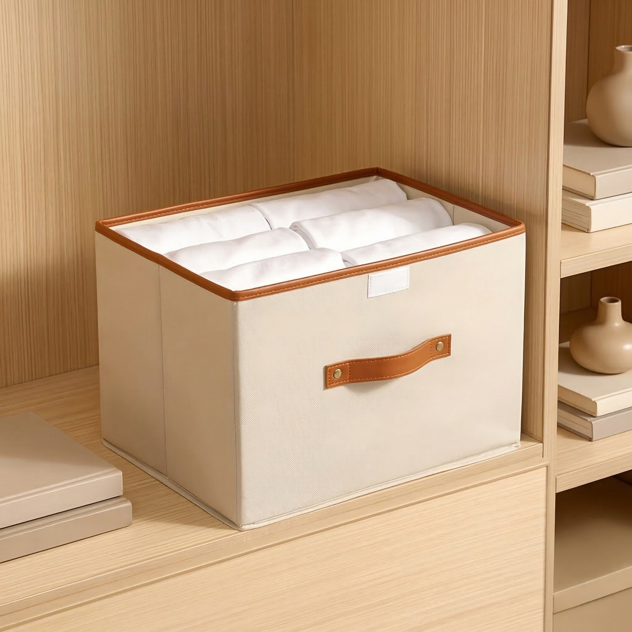 Foldable storage box open with neatly folded white textiles.