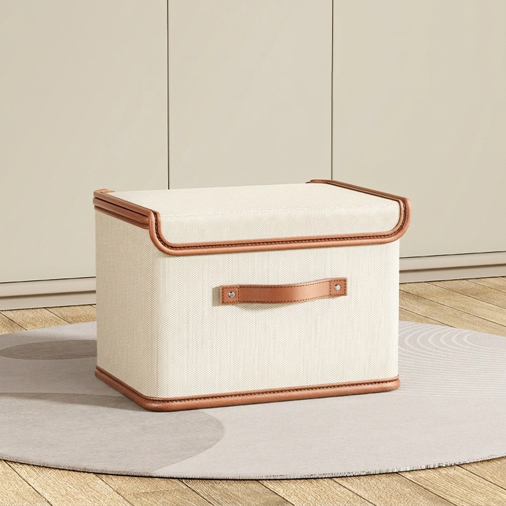 Medium beige foldable storage box with lid and front handle.