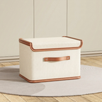 Medium beige foldable storage box with lid and front handle.