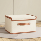 Large beige foldable storage box with lid and front handle.