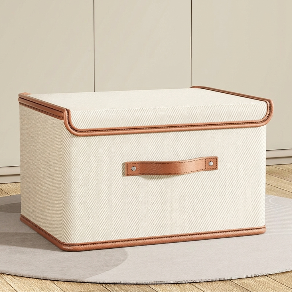 Extra large beige foldable storage box with reinforced trim.