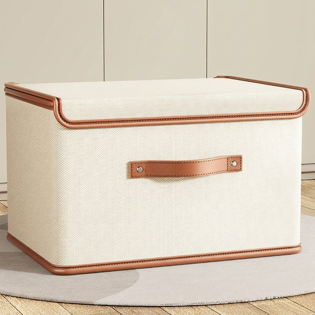 Two extra large beige foldable storage box with matching lid.