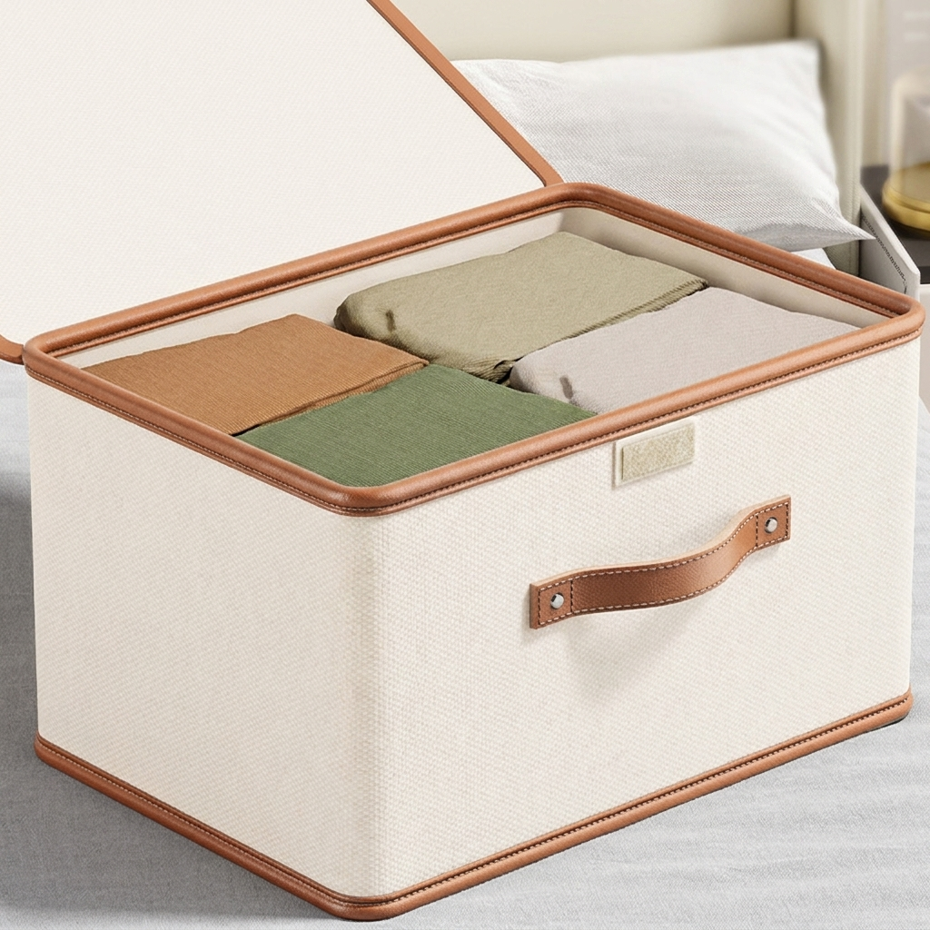 Foldable storage box open beside a bed with clothing inside.