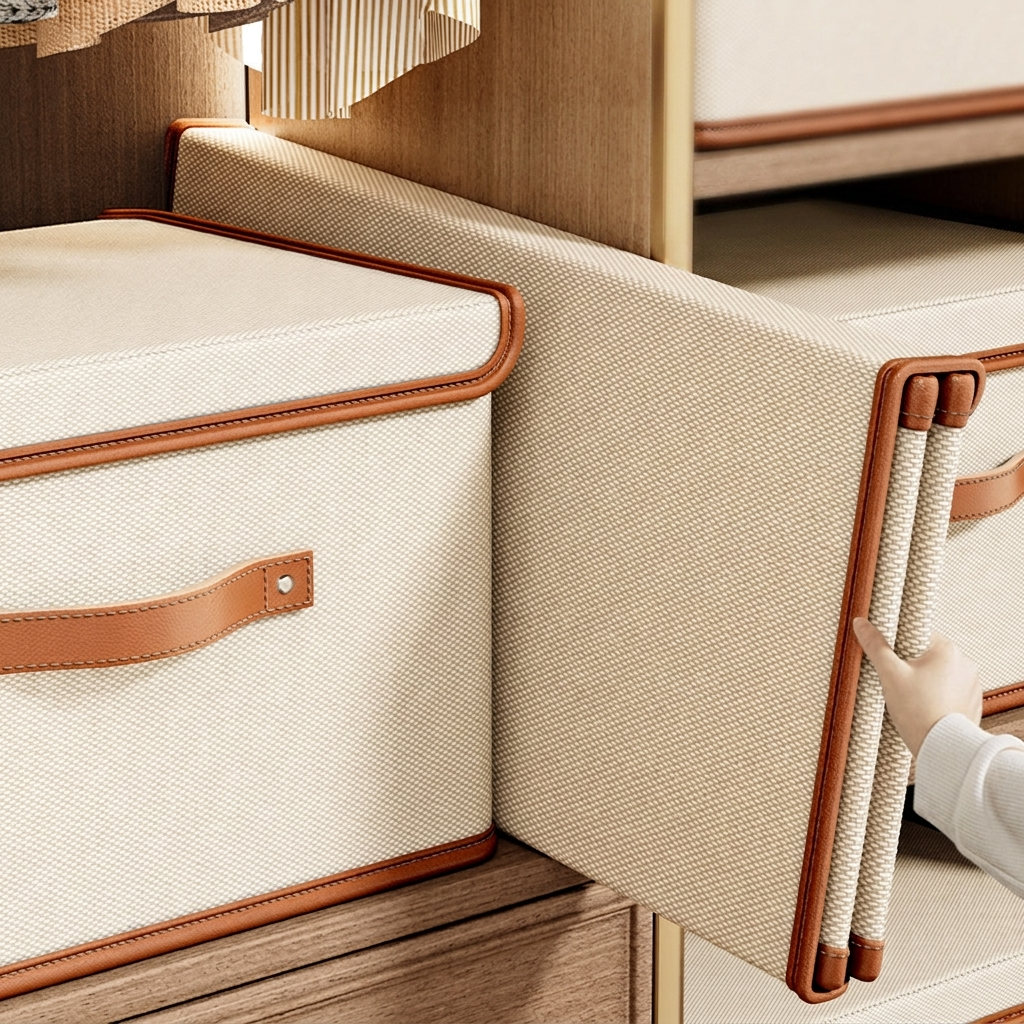 Beige foldable storage box shown collapsed beside an open box.
