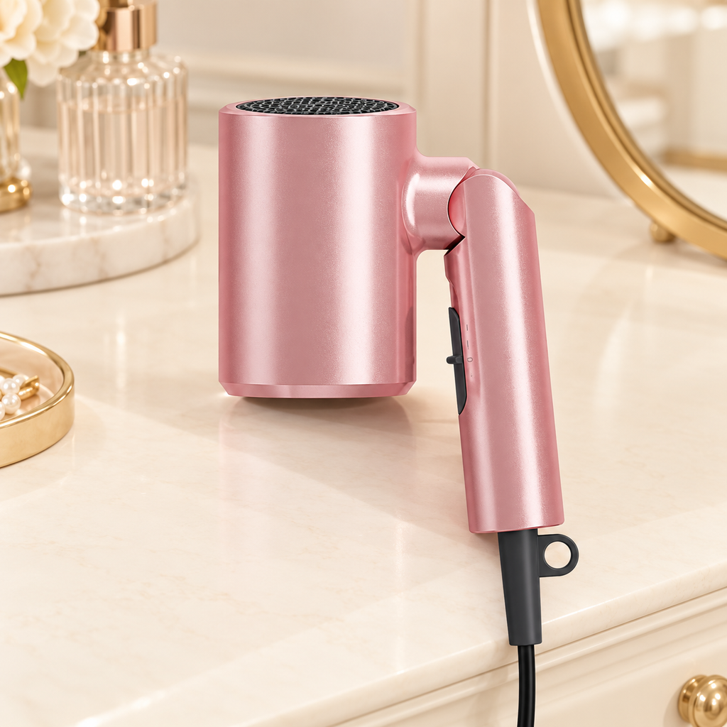 Pink travel hair dryer folded for storage