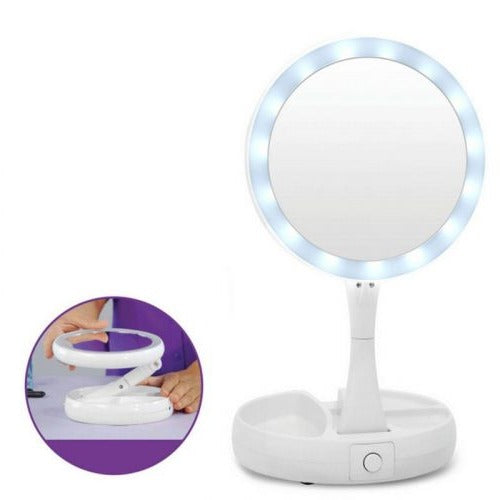 White folding vanity makeup mirror with LED light