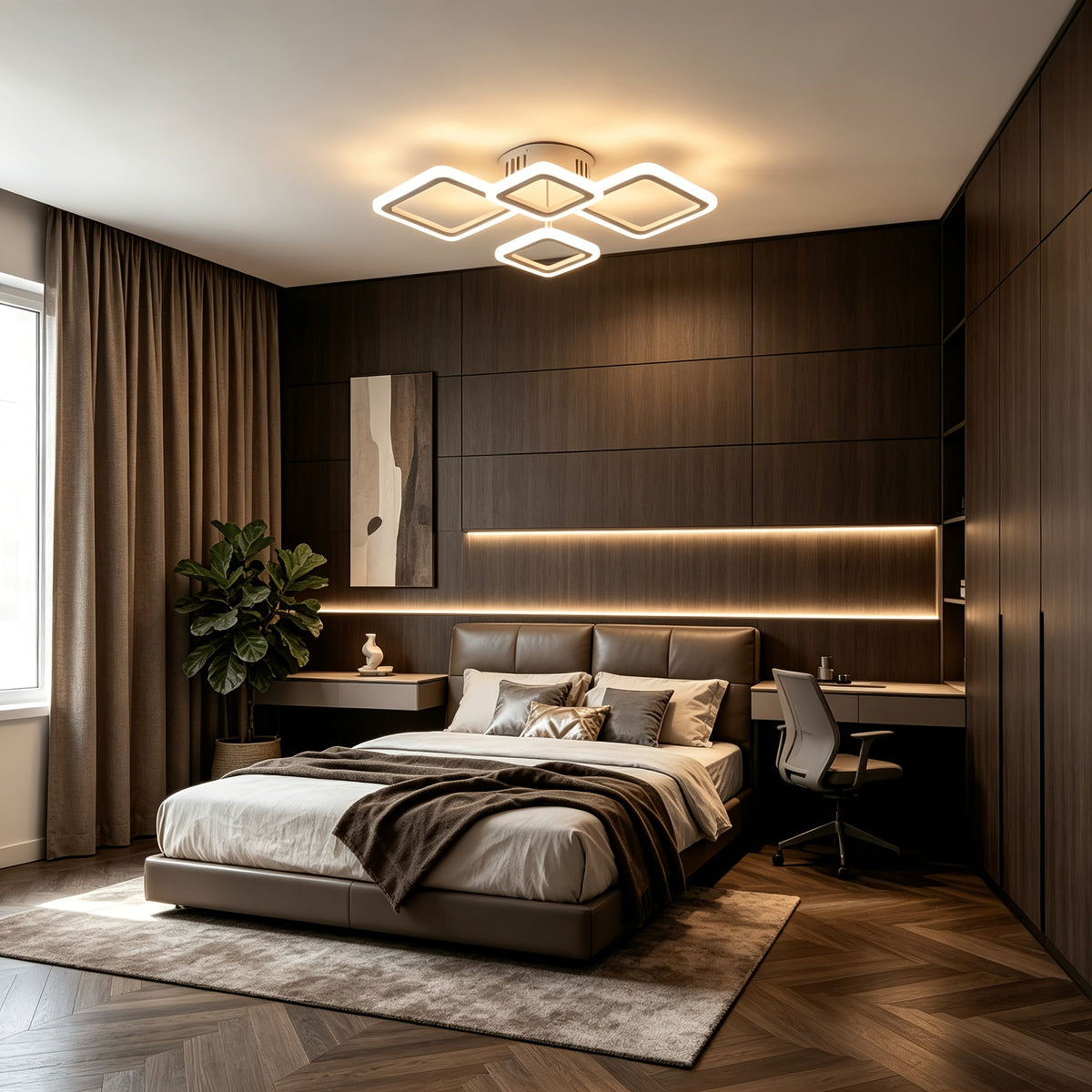 White layered diamond ceiling light in a furnished bedroom