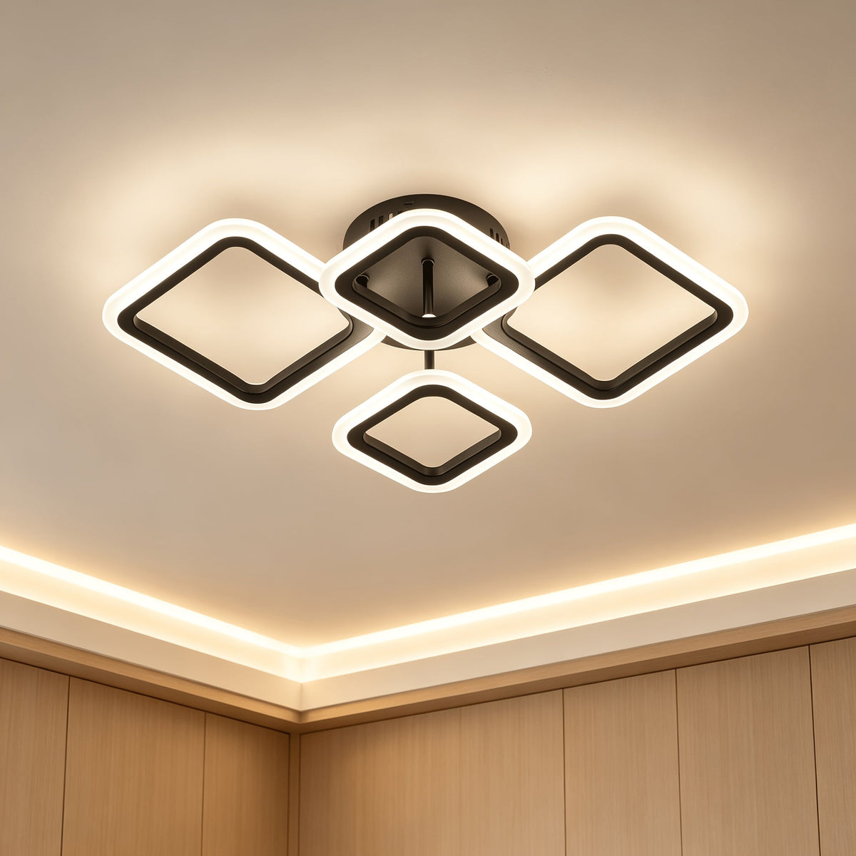 Black geometric ceiling light with warm illumination