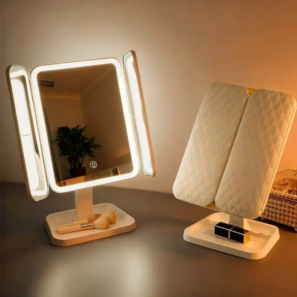 Rechargeable four panel makeup mirror with LED lights