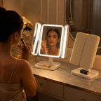 Fold out makeup mirror showing multiple magnification zones