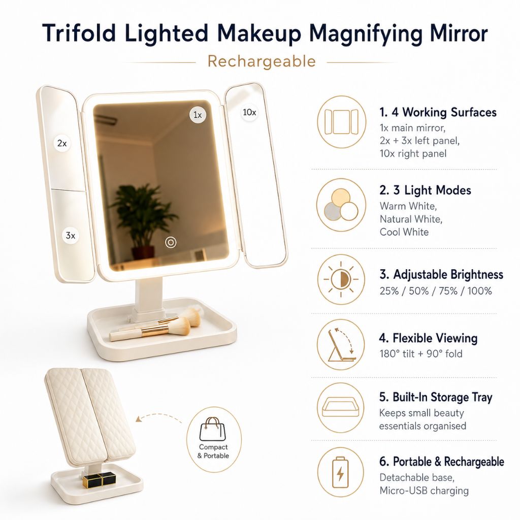 Touch controlled folding vanity mirror with three light colors