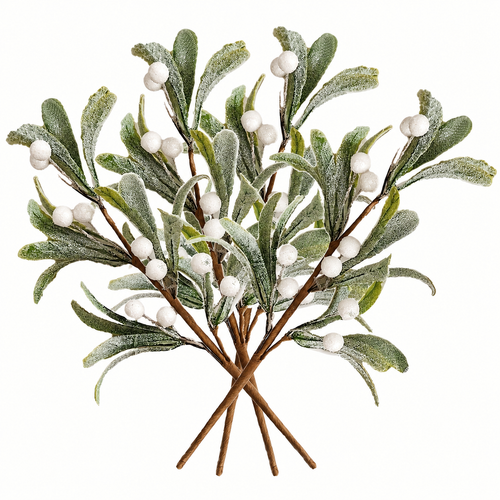 Frosted Artificial Mistletoe Picks | Five Green Foliage Stems With White Berries, 9.8 In