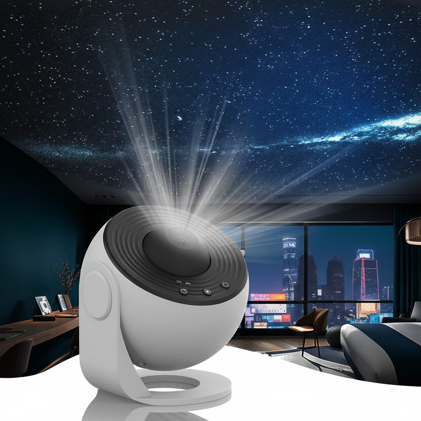 Galaxy projector with 13 interchangeable HD projection discs, lifestyle view.