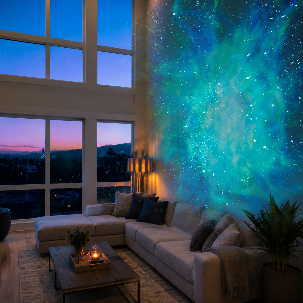 Black galaxy projector casting blue and purple nebula light across a bedroom