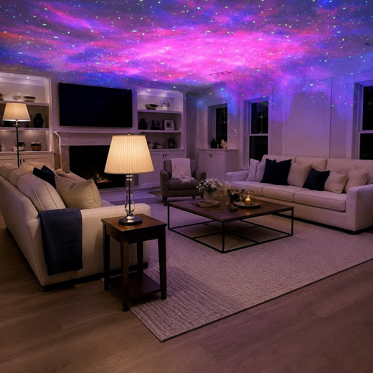 Remote-controlled star projector casting a wide 21-color nebula effect