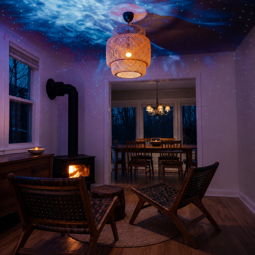 Star and nebula projector on a bedside table with colorful ceiling projection