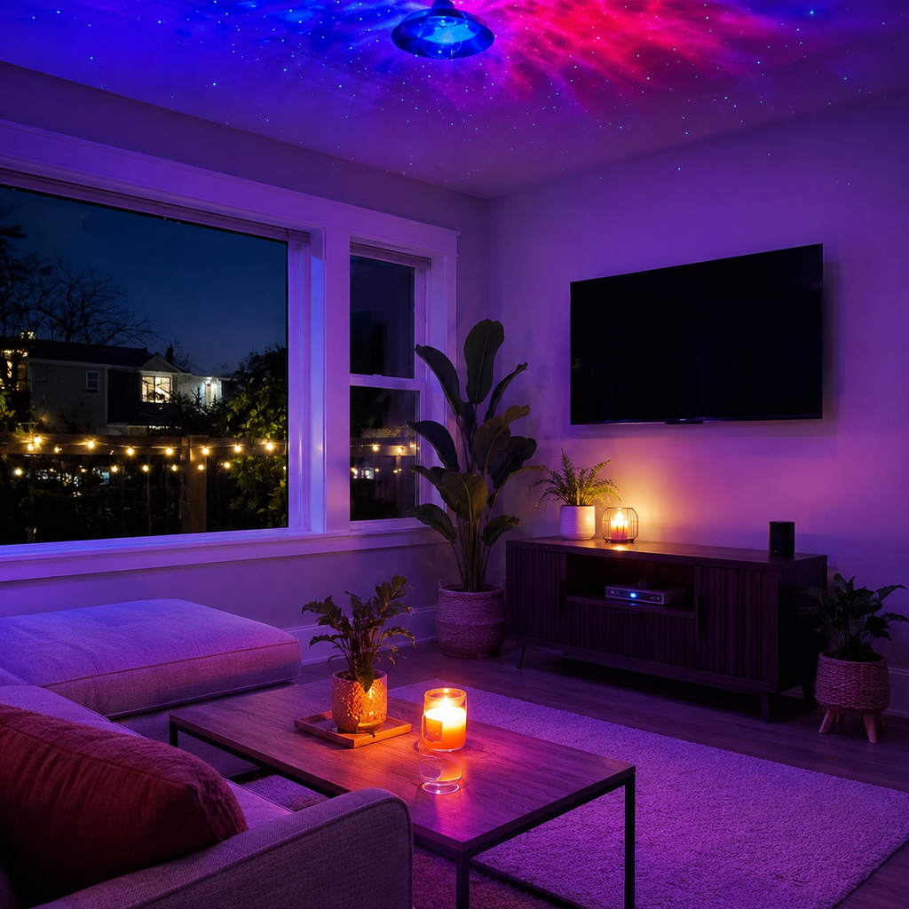 Galaxy projector lighting a child's bedroom ceiling with stars
