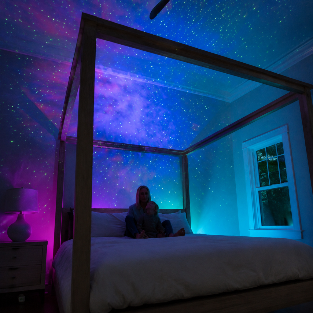 Black ABS and PVC projector with glowing lens detail