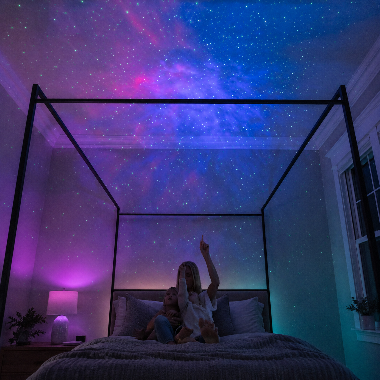 Music-reactive galaxy projector creating vivid wall patterns