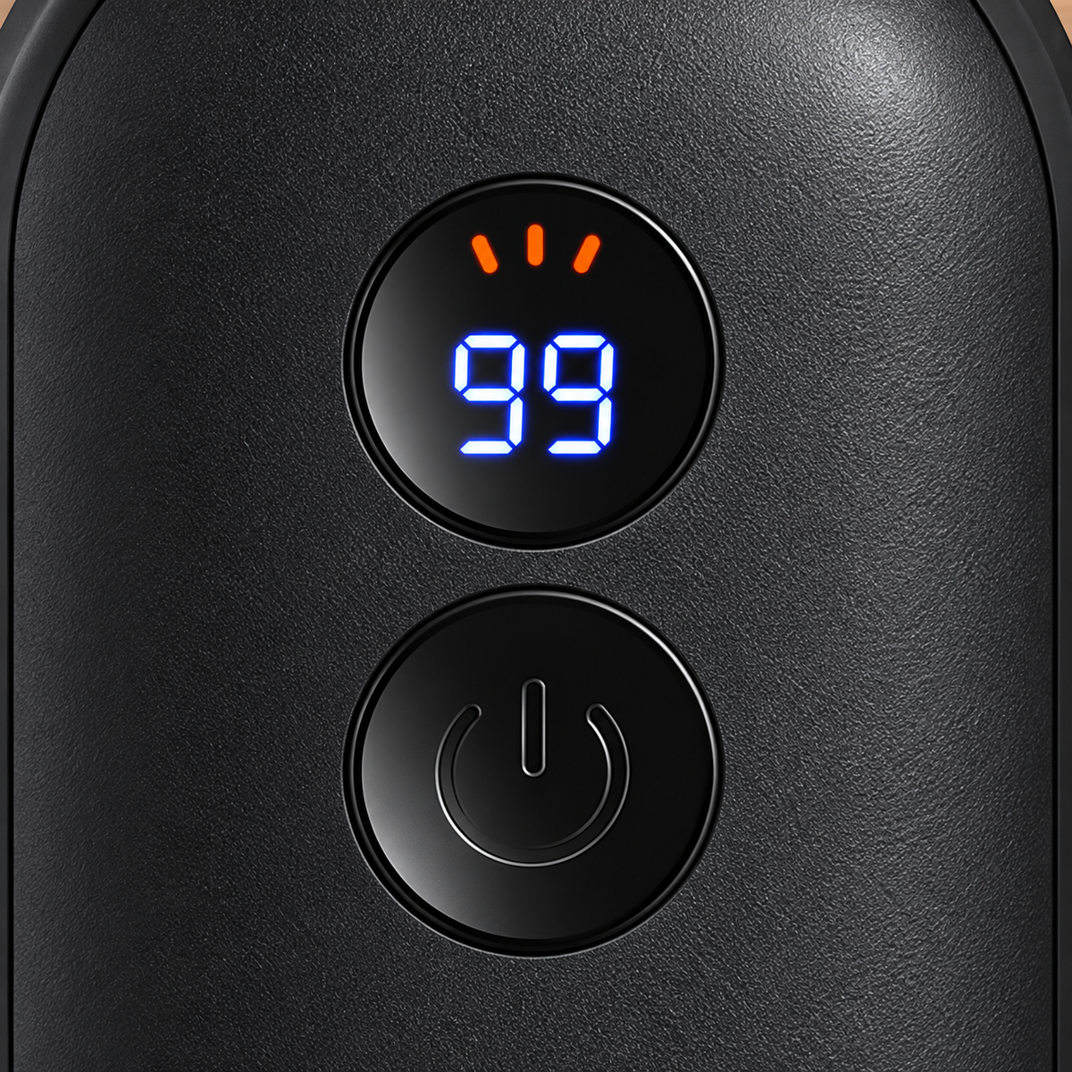 Close-up of the hand warmer blue display and circular power button