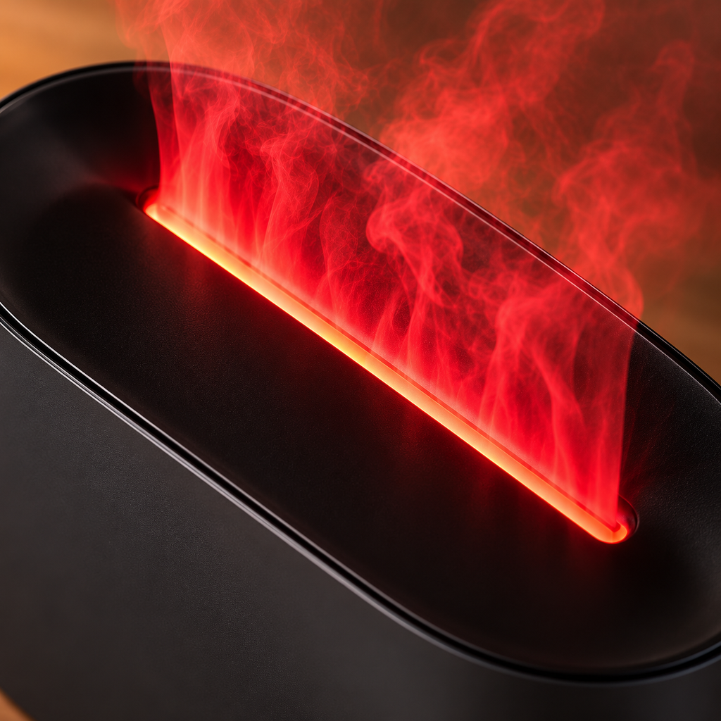 Close-up of the oval diffuser illuminated mist slit and upper rim