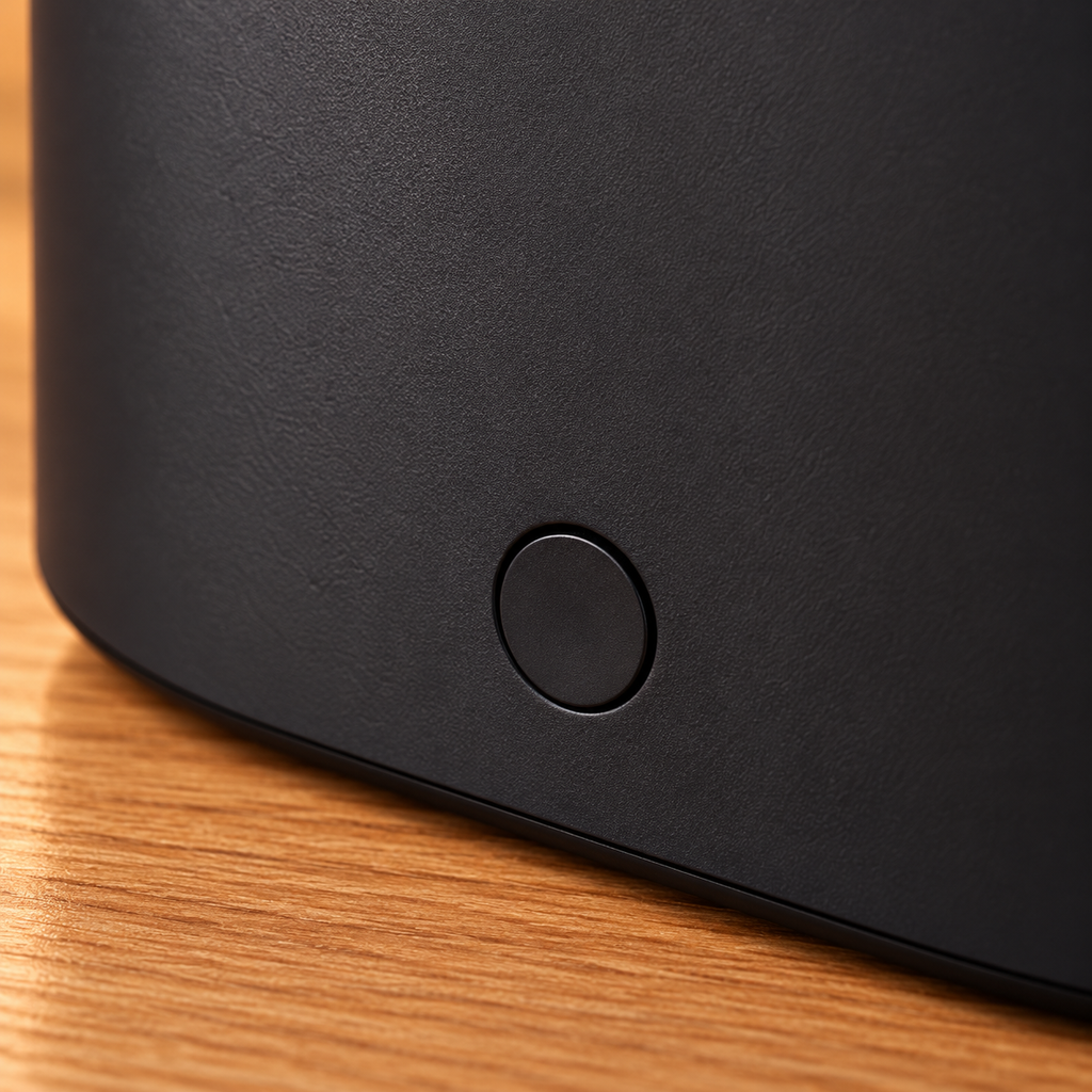 Close-up of the oval diffuser round front button and curved black housing