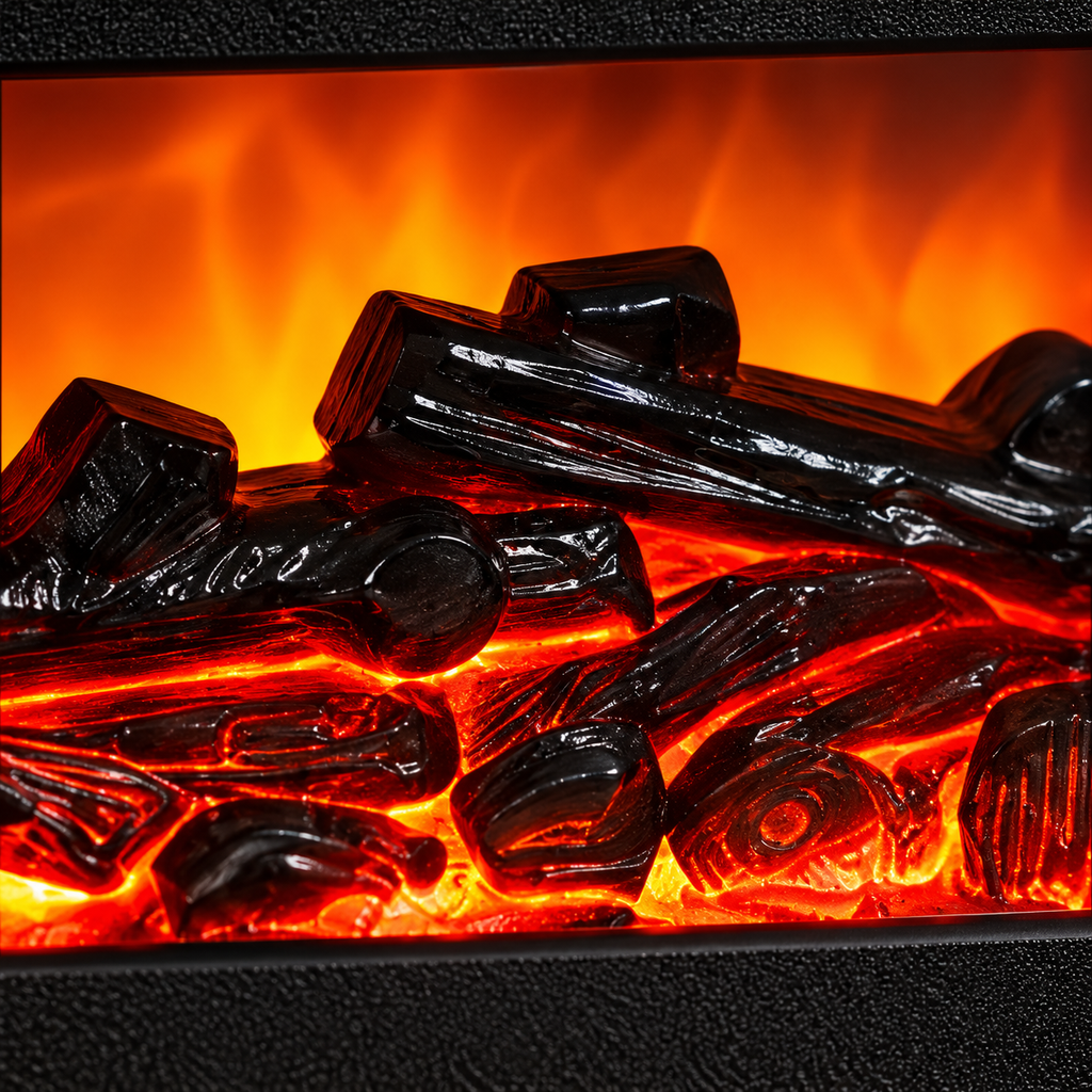 Close-up of the fireplace diffuser illuminated decorative log window