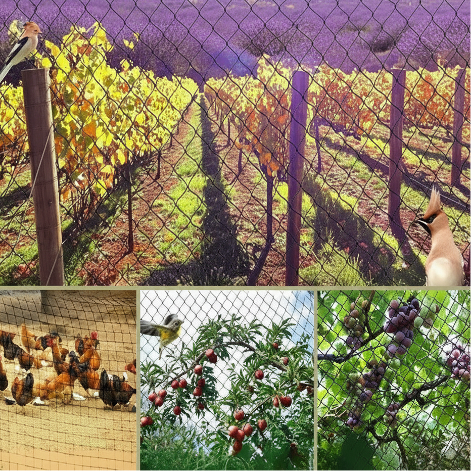 Garden bird netting pictured across orchards and outdoor enclosures