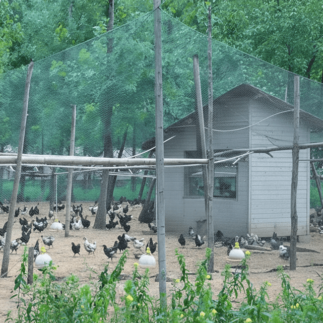 Garden bird netting installed over an outdoor poultry enclosure