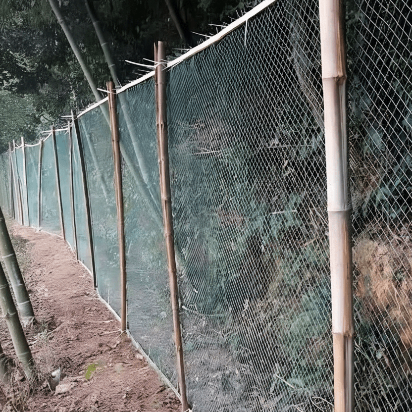 Garden mesh netting installed along upright outdoor supports