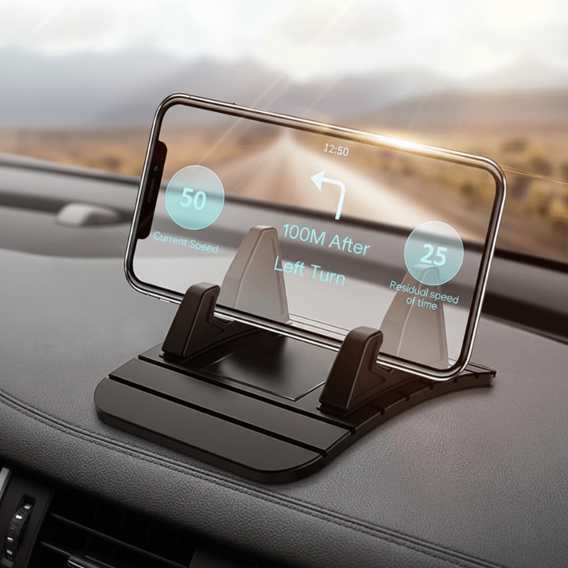 Black silicone dashboard phone mount in a car