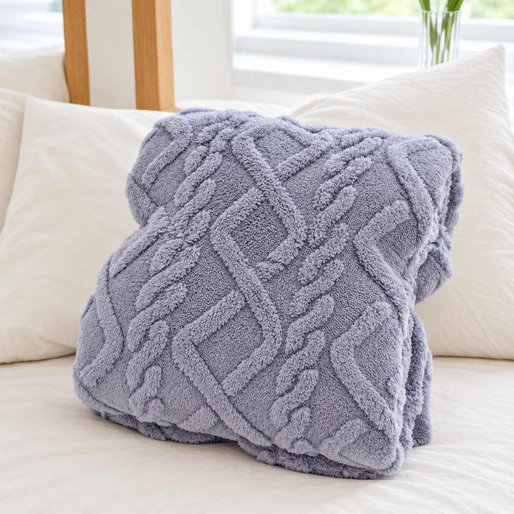Gray geometric fleece blanket rolled without packaging