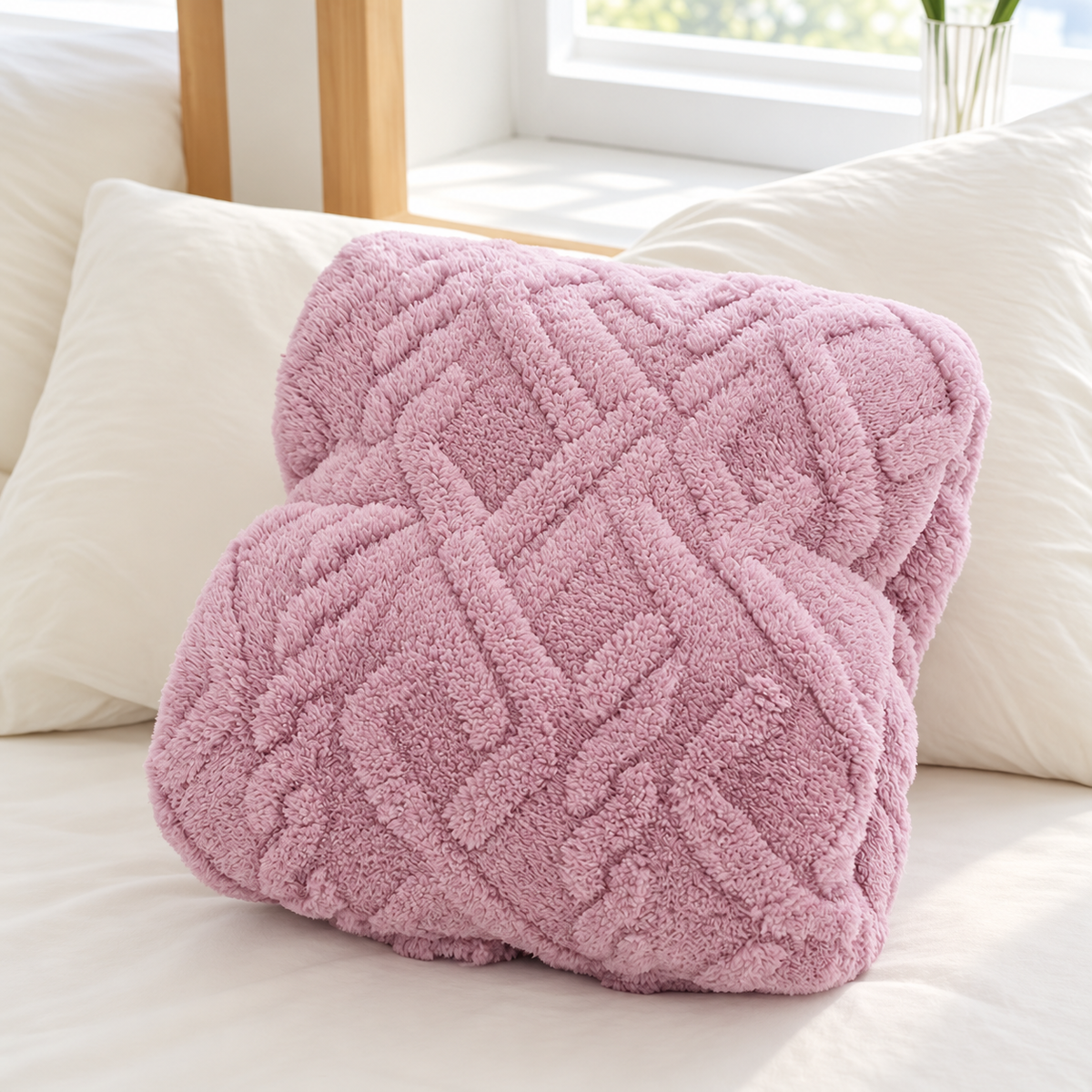 Purple geometric fleece blanket rolled without packaging