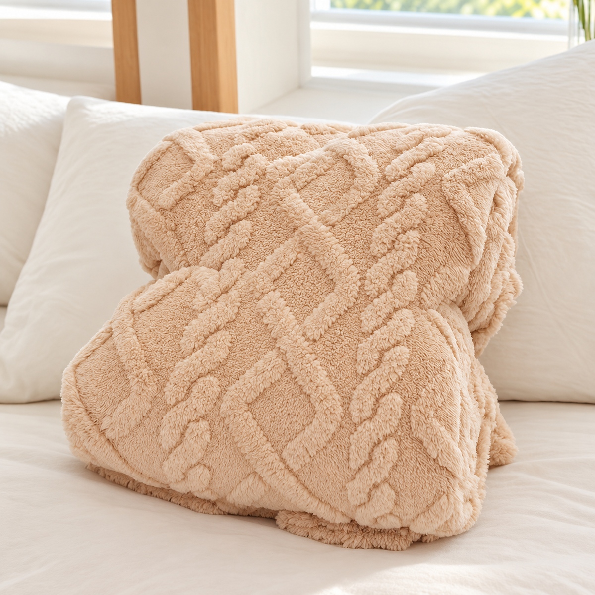 Camel geometric fleece blanket rolled without packaging