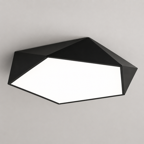 Black geometric LED ceiling light glowing on a clean neutral background.