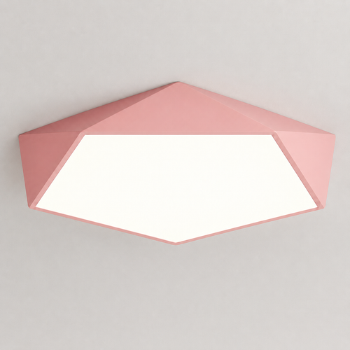 Pink geometric LED ceiling light glowing on a clean neutral background.