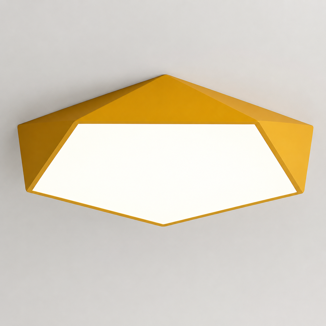 Yellow geometric LED ceiling light glowing on a clean neutral background.