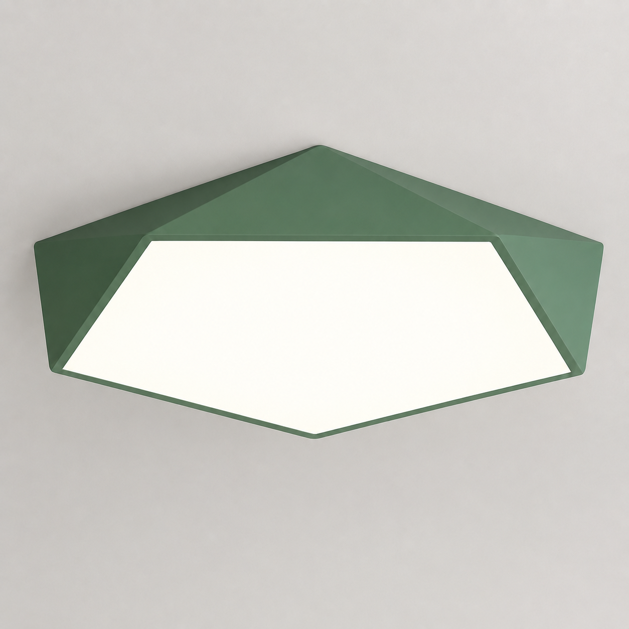 Green geometric LED ceiling light glowing on a clean neutral background.