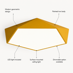 Geometric LED ceiling light infographic showing size, color, and lighting options.