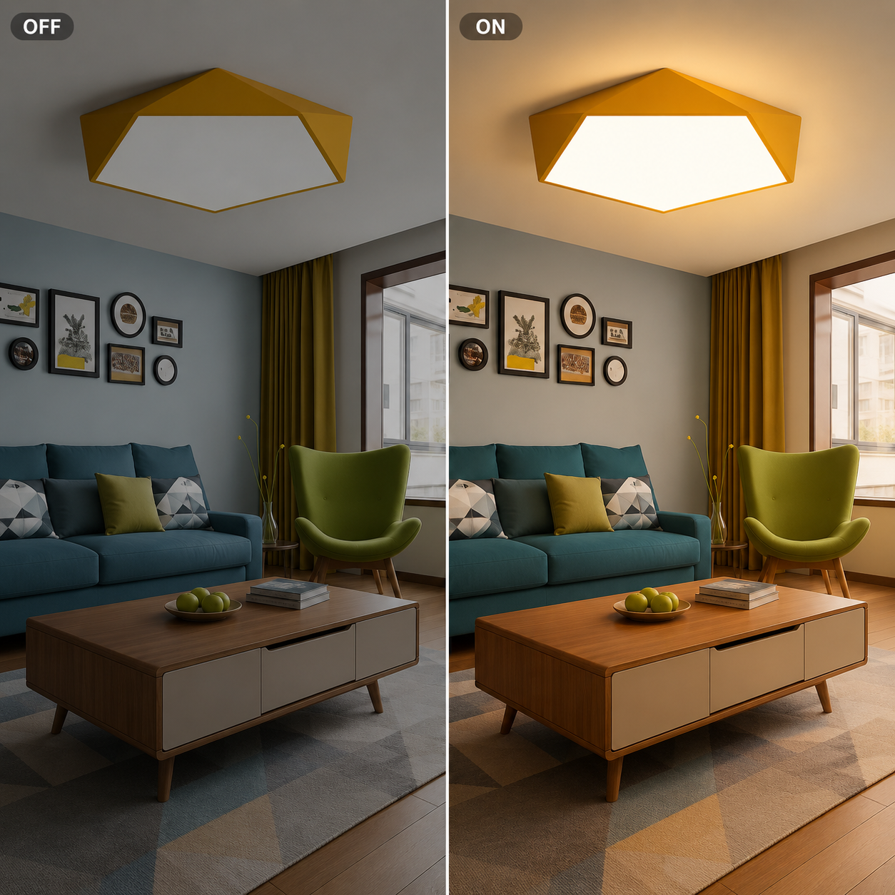 Geometric LED ceiling light shown off and on to compare the room lighting effect.