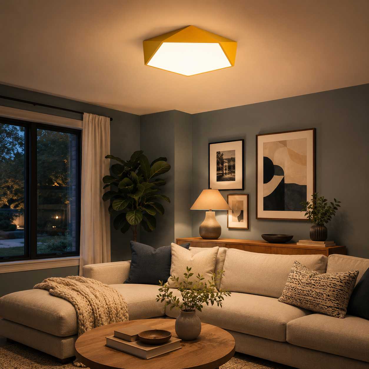 Geometric LED ceiling light glowing in a modern living room with a clean contemporary interior.