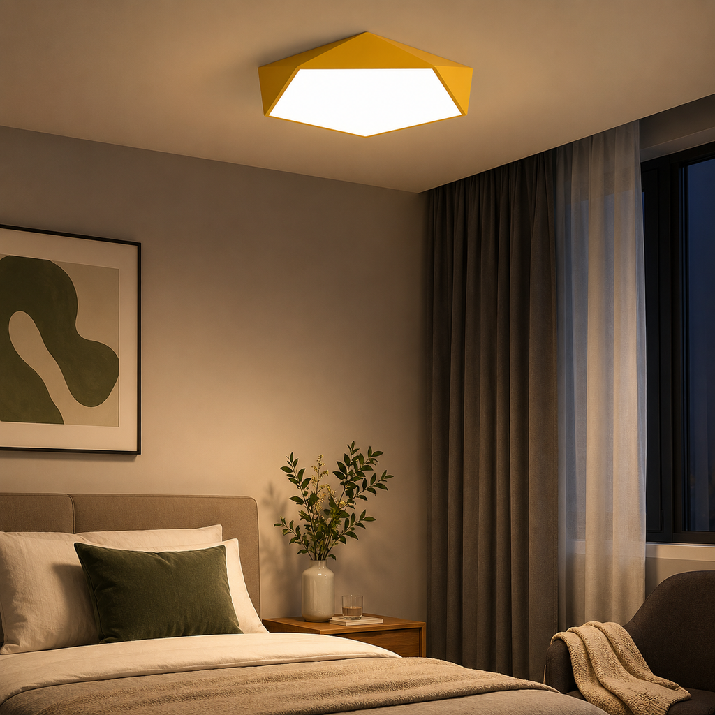 Geometric LED ceiling light illuminating a neatly styled bedroom.