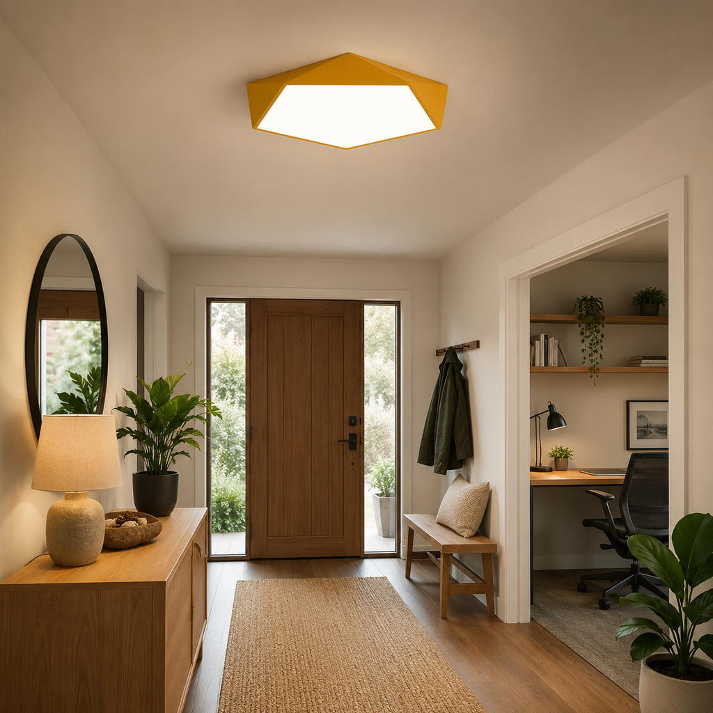 Geometric LED ceiling light shown near room furnishings to demonstrate fixture scale.